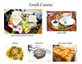 Collage with greek cuisine - coffee, salad, frikase, kokoretsi, christmas diples