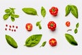 Collage of green leaves of arugula and basil, sliced red spicy and bell pepper, onion and tomatoes, black pepper peas are isolated Royalty Free Stock Photo