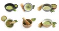 Collage with green matcha tea in bowls on white background