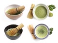 Collage with green matcha tea in bowls on white background, different sides