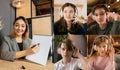 Collage. Group of kids, students studying by group video call, use video conference with each other and teacher. Online Royalty Free Stock Photo