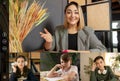 Collage. Group of kids, students studying by group video call, use video conference with each other and teacher. Online Royalty Free Stock Photo