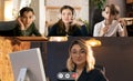 Collage. Group of kids, students studying by group video call, use video conference with each other and teacher. Online Royalty Free Stock Photo