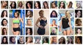 Collage group portraits of young caucasian girls for social media network. Set of round female pics isolated on a white background