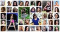 Collage group portraits of young caucasian girls for social media network. Set of round female pics isolated on a white background