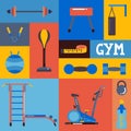 Collage of gym icons, vector illustration. Set of colorful stickers with training equipment in flat style. Workout Royalty Free Stock Photo