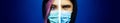 Collage half face portraits of young hooded girl and guy wearing medical flu mask against coronavirus on background of blue color. Royalty Free Stock Photo