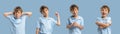 Collage of half-length portraits of Caucasian little boy posing isolated over blue studio background.