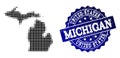 Collage of Halftone Dotted Map of Michigan State and Grunge Stamp Watermark Royalty Free Stock Photo