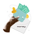 Collage with halftone hand holding wallet with banknotes and coins. Payments metaphor concept finance-themed, banner