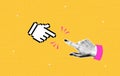 Collage with halftone hand which touching finger with pixel mouse cursor. Trendy collage style. Royalty Free Stock Photo