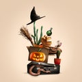 Collage of halloween witches` equipment on soft brown background, Saints` Eve mood Royalty Free Stock Photo