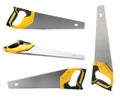 Collage with hand saws on background. Carpenter`s tools Royalty Free Stock Photo