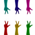 Collage of hand sign three fingers colored on red, yellow, green, blue, cyan, pink, magenta