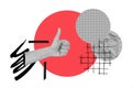 Collage of a hand with the thumb up on a red circle with gray circles on a white background Royalty Free Stock Photo