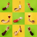 Collage of hands with beer glass and bottle, cocktail, coffee cup and wine bottle breaks through yellow and green paper
