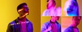 Collage. Handsome young guy in casual clothes with digital lights reflection on face standing over gradient yellow