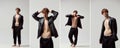 Collage. Handsome young man posing shirtless in leather jacket and black pants against grey studio background. Men& x27;s