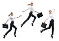 Collage of happy business woman in formal wear jumping with briefcase. Royalty Free Stock Photo