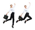 Collage of happy business woman in formal wear jumping with briefcase. Royalty Free Stock Photo