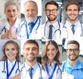 Collage of happy doctors with stethoscopes in a row. Royalty Free Stock Photo