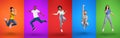 Collage of happy international young people jumping in air, having fun, showing happy emotions on color neon backgrounds Royalty Free Stock Photo