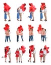 Collage of happy young couples with heart shaped balloons on background Royalty Free Stock Photo