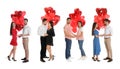 Collage of happy young couples with heart shaped balloons on background. Banner design Royalty Free Stock Photo