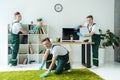 Collage of happy young worker cleaning office and smiling