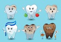Collage with healthy and unhealthy teeth and different products on turquoise background, illustration. Dental care