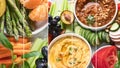 Collage of healthy vegan snacks and dips. Party food with copy space. Clean diet eating, veggie serving table