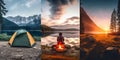 Collage hiking tent nestled in the mountains, with a stunning sunset