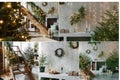 Collage of home New Year's interior. A live Christmas tree and a wooden staircase in the kitchen. Cozy atmosphere of