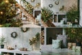 Collage of home New Year's interior. A live Christmas tree and a wooden staircase in the kitchen. Cozy atmosphere of