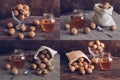 Collage honey nut. Walnut and honey Royalty Free Stock Photo