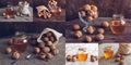 Collage honey nut. Walnut and honey on a wooden table Royalty Free Stock Photo