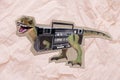 Collage illustration banner of huge t rex dino with boom box tape recorder advertise fun funky festival Royalty Free Stock Photo