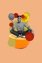 Collage illustration 3d sketch artwork of cheerful man sitting big slice orange promoting sporty energy drink isolated