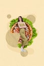 Collage illustration picture photo poster advert banner of beautiful lady dream taste hot aroma pizza isolated on