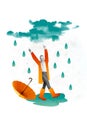 Collage illustration of senior man enjoy stormy weather clouds raindrops wear waterproof jacket rubber shoes isolated on