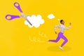 Collage illustration of terrified little person running away big scissors cut painted cloud isolated on yellow Royalty Free Stock Photo