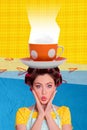 Collage illustration of young funny girl housewife touch cheeks plump lips when very hot cup tea stand head over yellow Royalty Free Stock Photo