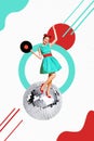 Collage illustration of young lady dancer vinyl disc shining party vintage style wear dotted dress isolated on painting