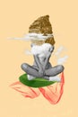 Collage image artwork of unknown unusual woman sitting with stone instead head isolated on drawing background Royalty Free Stock Photo