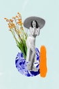 Collage image of attractive girlfriend stylish panama shopaholic prepare summer vacation isolated on bloom flower