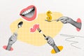 Collage image of black white effect arms hold spoon fork eat dollar money symbol big smiling mouth isolated on drawing Royalty Free Stock Photo