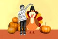 Collage image of black white effect boy arm measure size painted turkey hat thanksgiving pumpkin isolated on creative