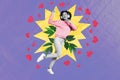 Collage image of cheerful black white effect girl listen music earphones dancing plant leaves drawing hearts isolated on