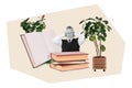 Collage image 3d photo sketch poster banner of irritated man close ears avoid learning academic course read literature