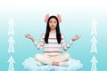 Collage image of focused person sitting cloud meditate arrows grow up isolated on creative background